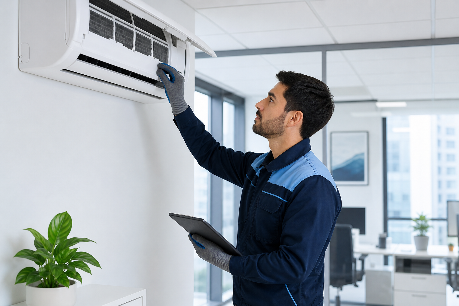 Técnico de climatización uniformado revisando una unidad interior moderna en una oficina luminosa