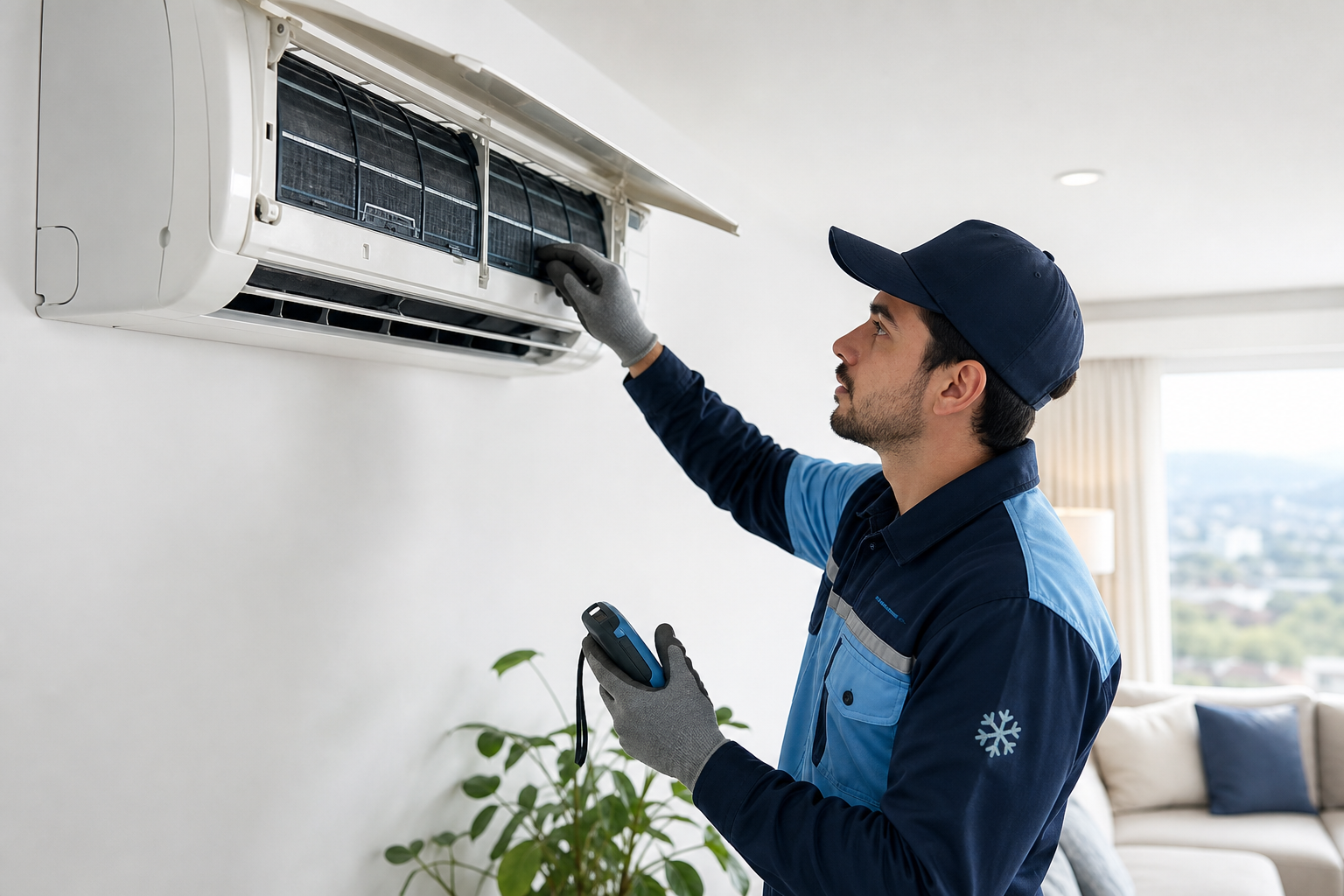 Técnico de climatización con uniforme azul inspeccionando un aire acondicionado split instalado en un ambiente moderno