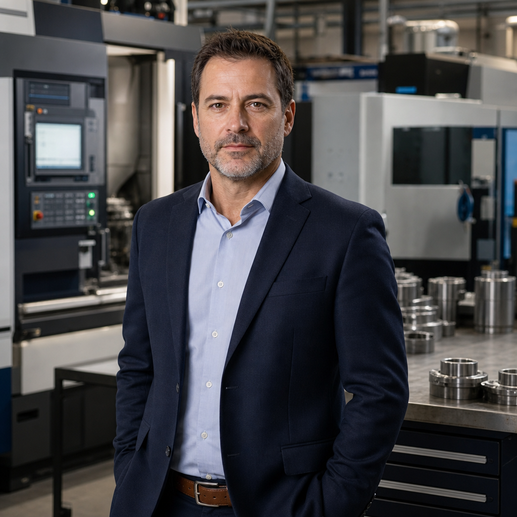 Studio portrait of a middle-aged male manufacturing executive in a navy blazer standing in front of CNC machinery