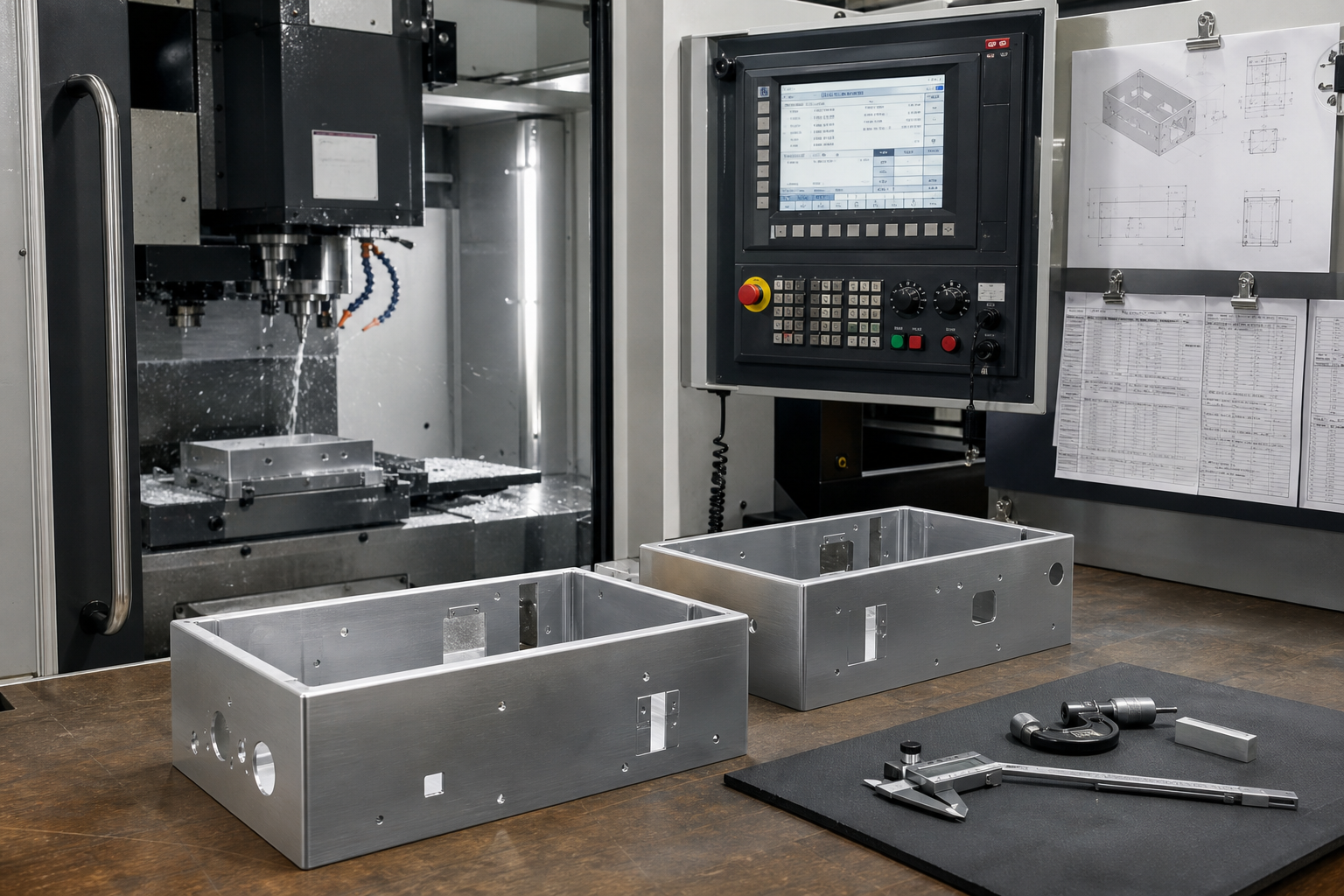 CNC machining station producing precision metal enclosures with measurement tools and labeled work orders