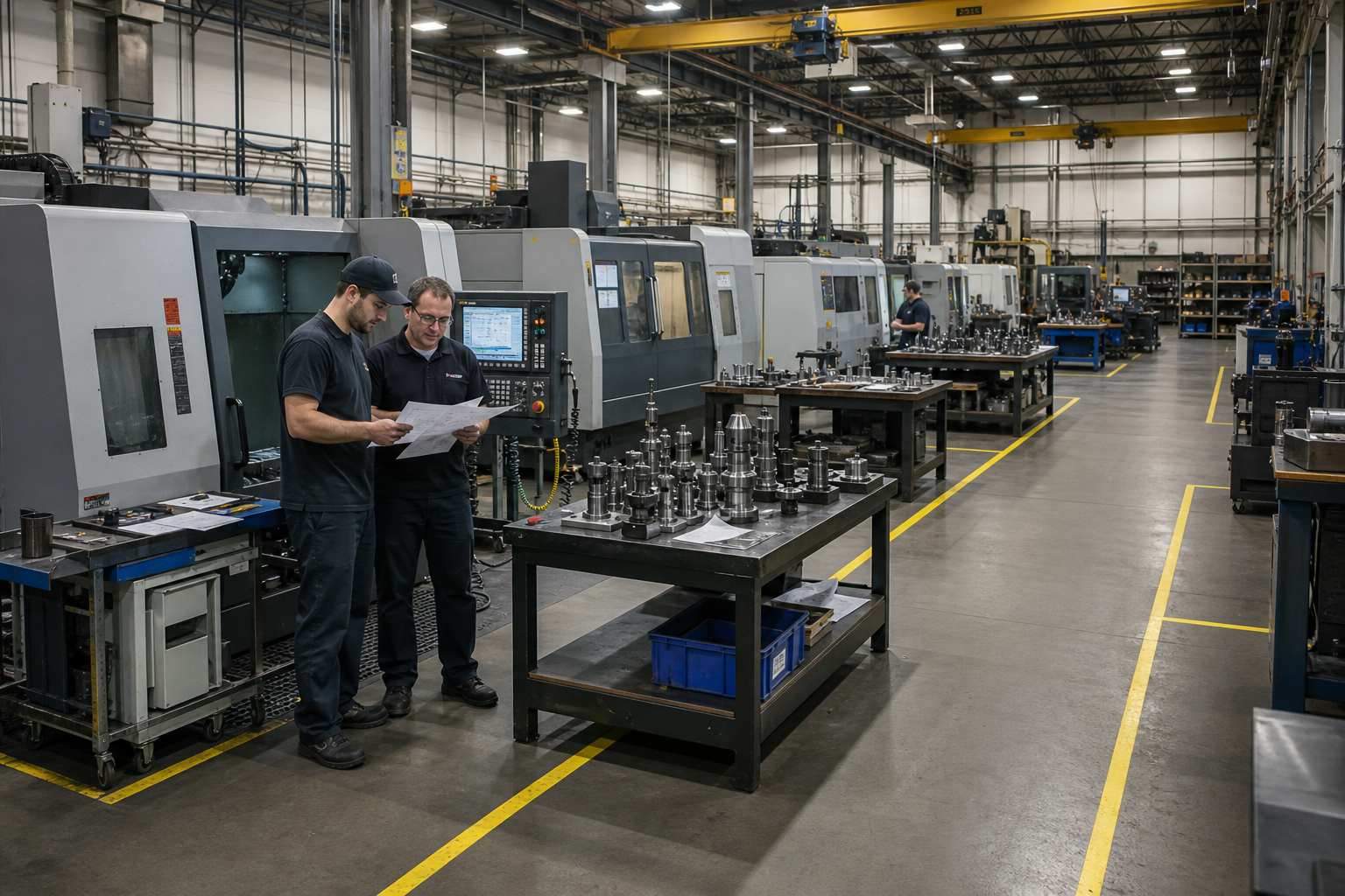 Wide-angle view of an industrial manufacturing floor with CNC machines, marked safety lanes, and technicians reviewing process documentation