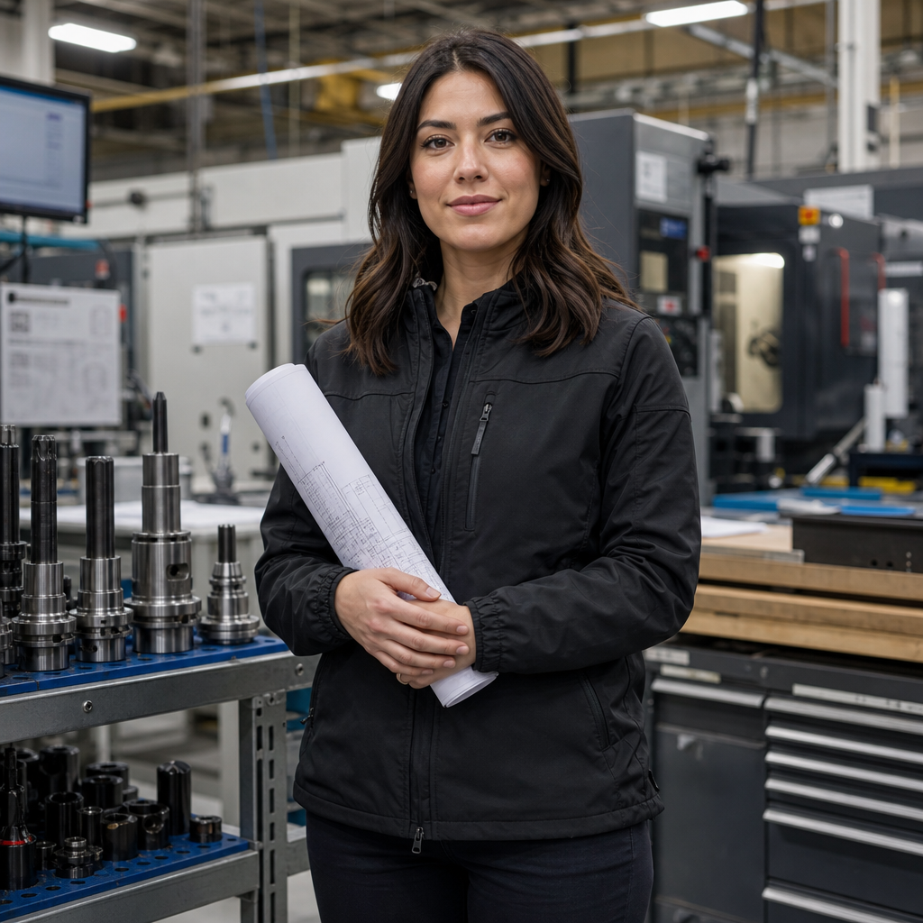 Portrait of a younger male manufacturing engineering manager reviewing CAD drawings beside industrial tooling