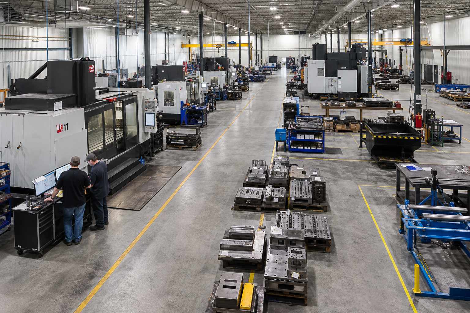 Wide view of an active industrial manufacturing floor with CNC and fabrication equipment, organized work zones, and operators following documented workflow