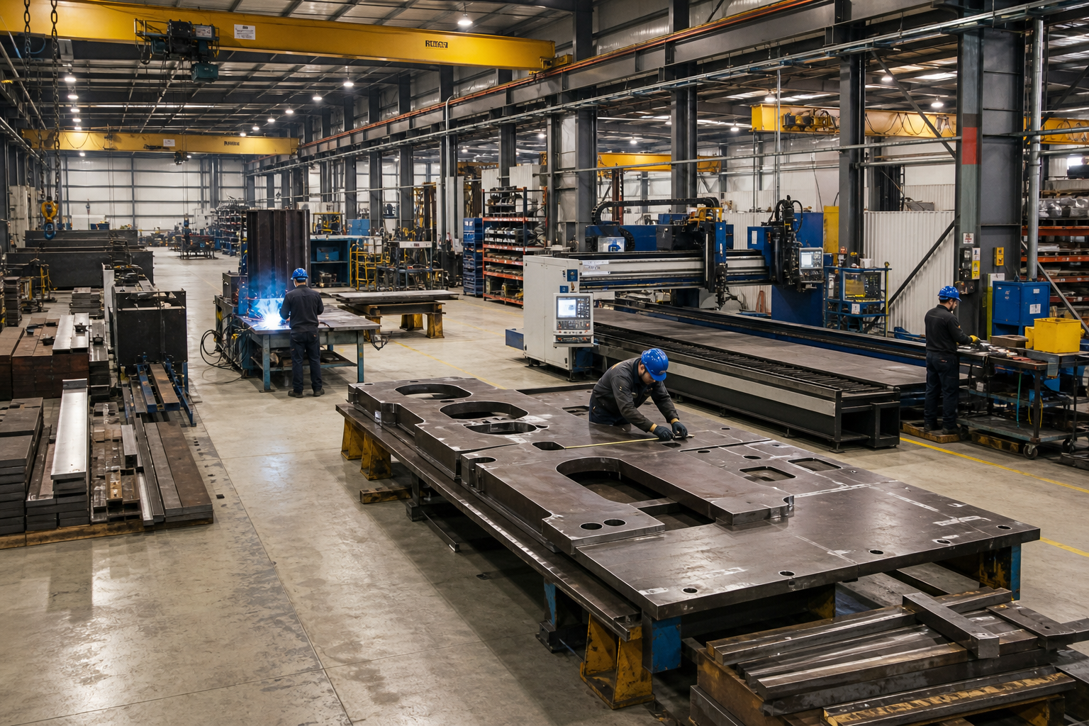 Wide view of a large industrial production floor with heavy fabrication equipment, overhead crane systems, and operators preparing steel components for commercial manufacturing