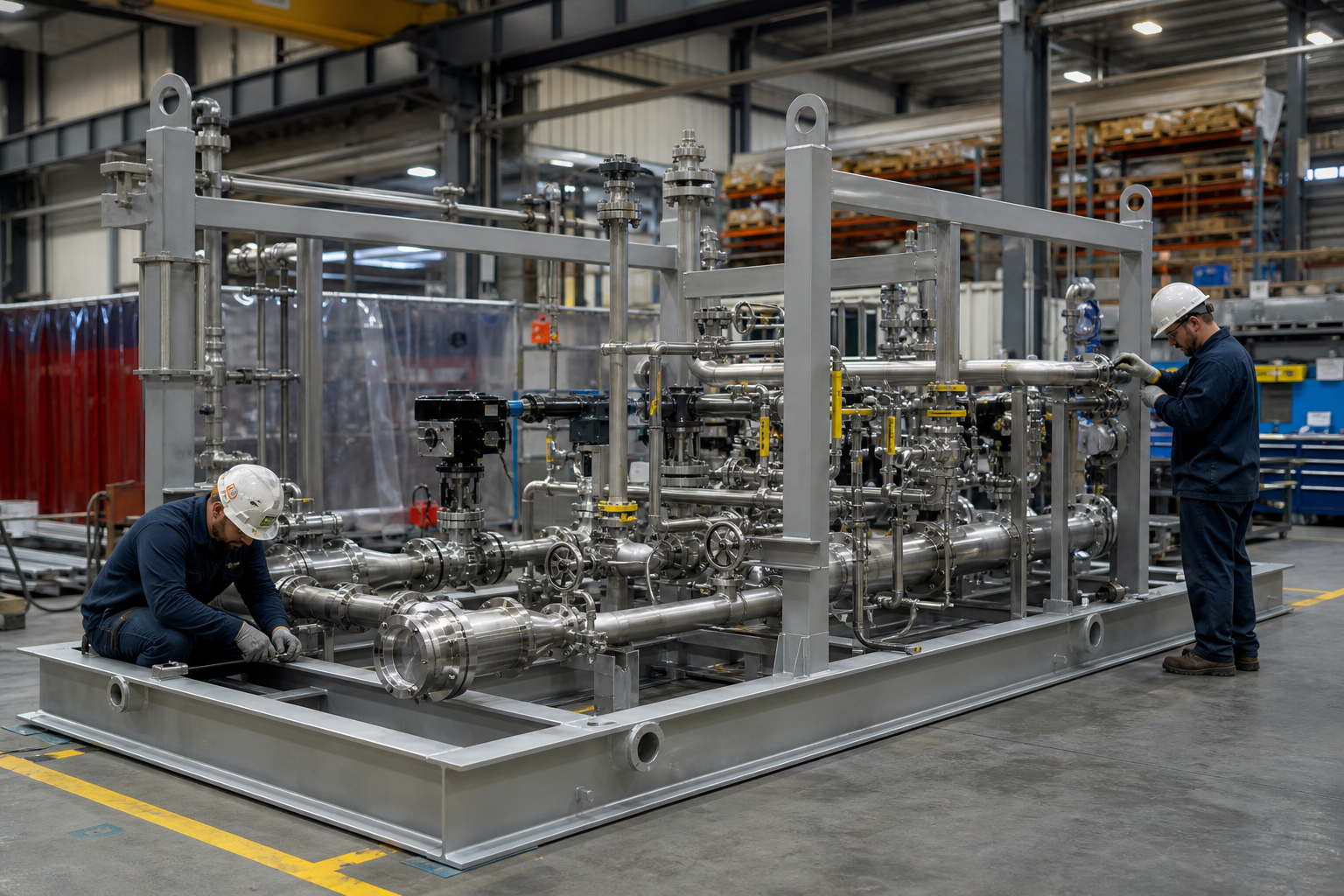 Industrial team assembling modular process skid piping and supports on a marked shop floor