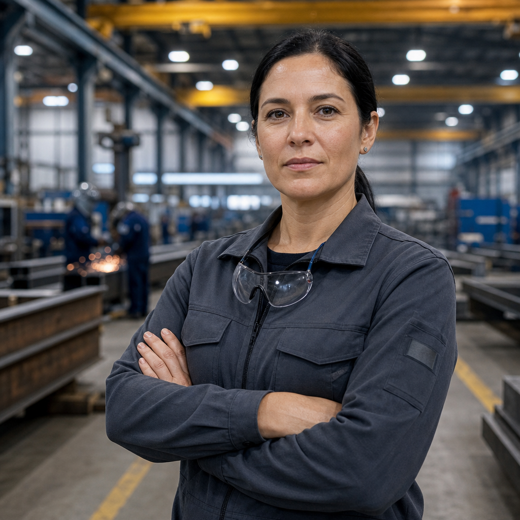 Professional portrait of a female operations director wearing a charcoal work jacket inside a production floor