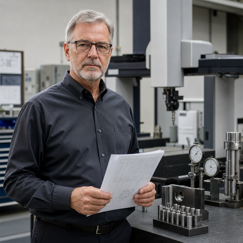 Portrait of a senior quality assurance director holding inspection documentation near metrology equipment