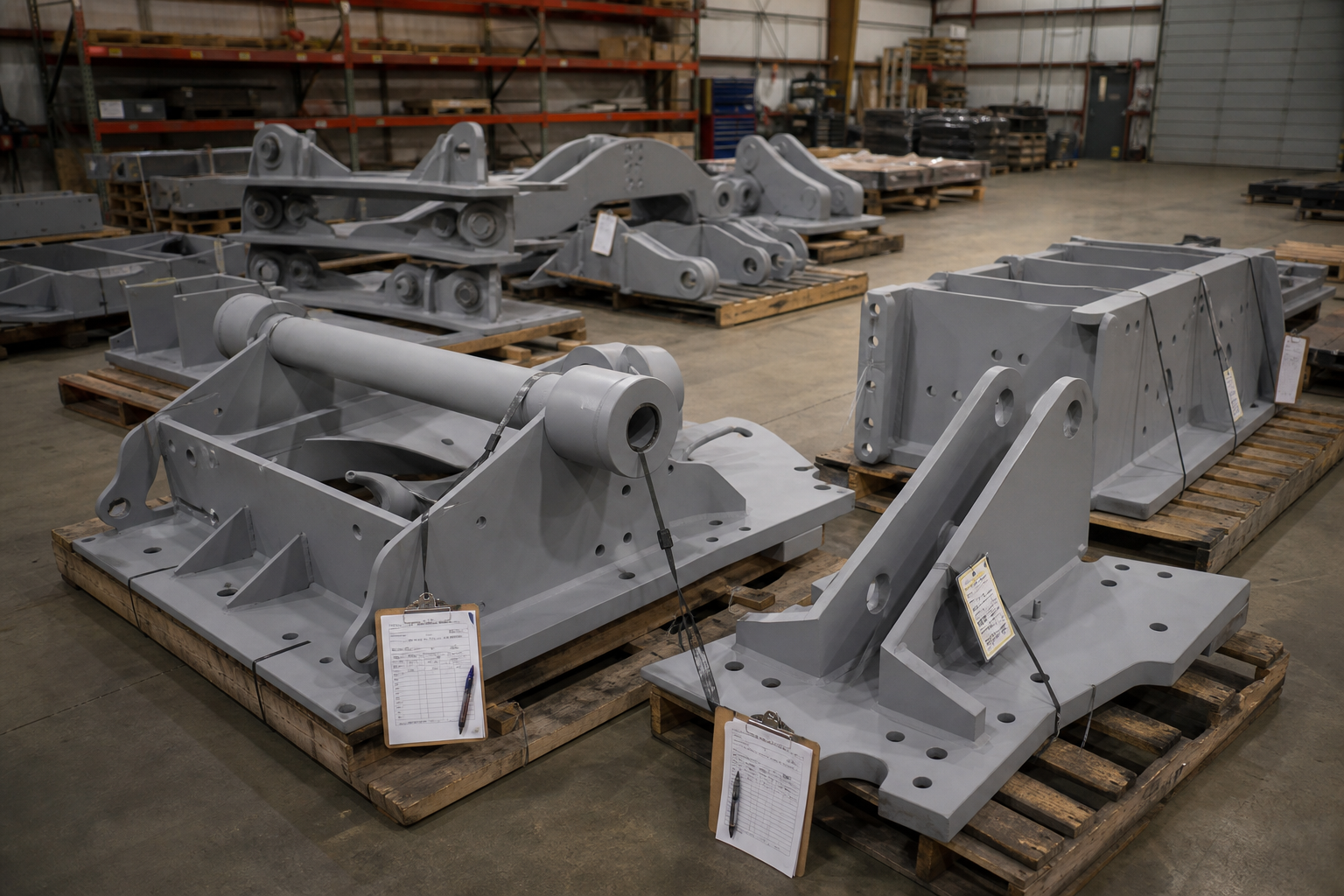 Finished heavy-gauge retrofit components arranged for outbound quality review in a warehouse staging area