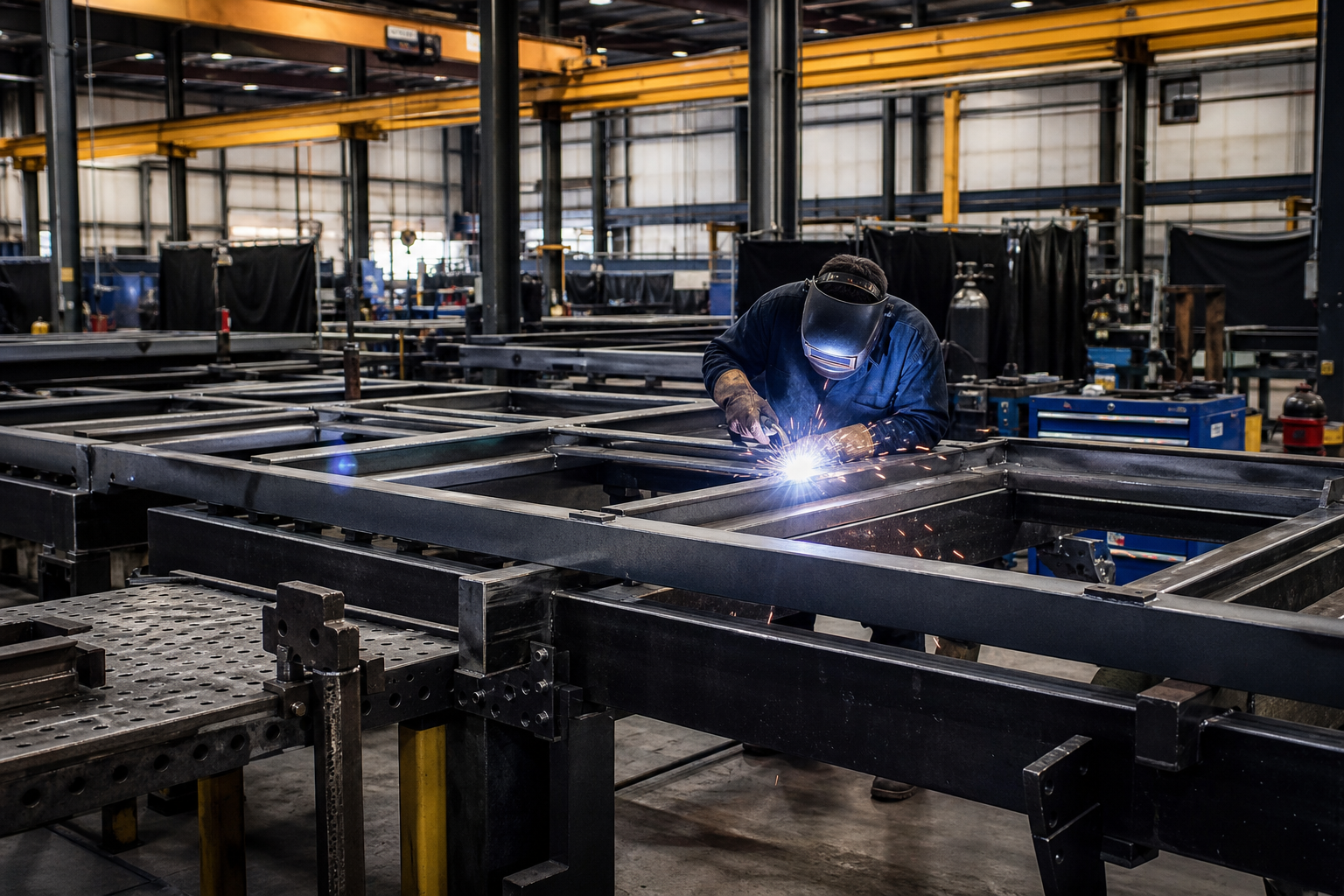 Welder positioning large steel support frames on precision fixtures in an industrial fabrication bay