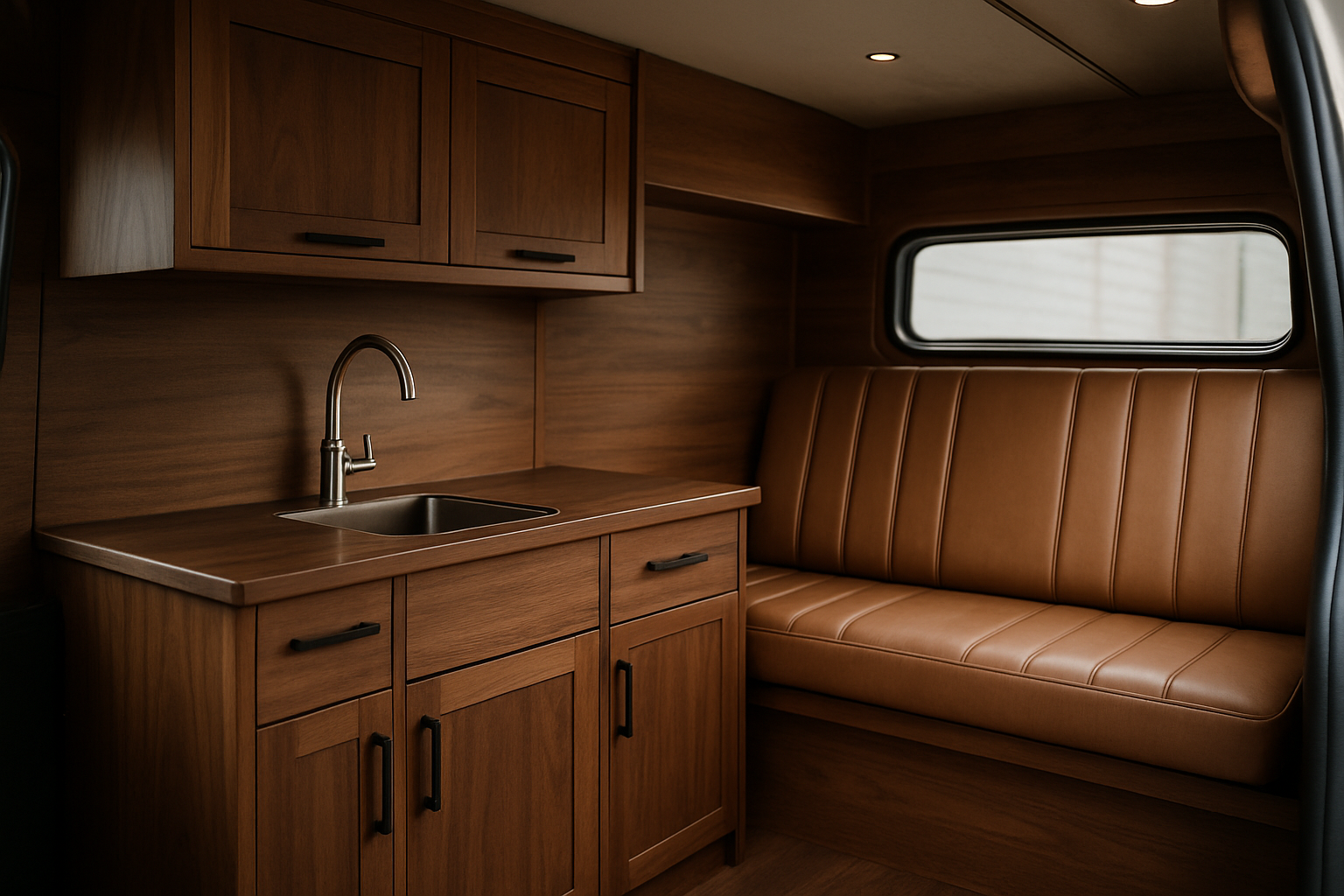 Luxury van conversion interior with warm wood cabinetry, integrated storage, and tailored leather seating