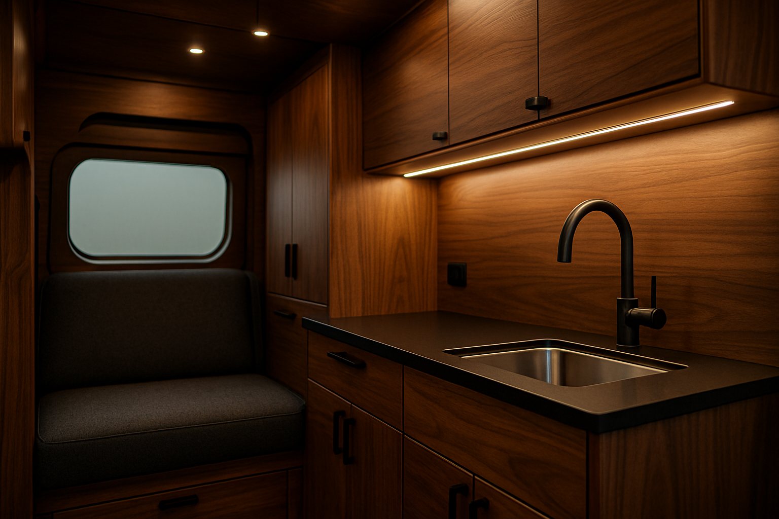 Luxury van conversion interior with warm wood cabinetry, matte black fixtures, and soft ambient lighting