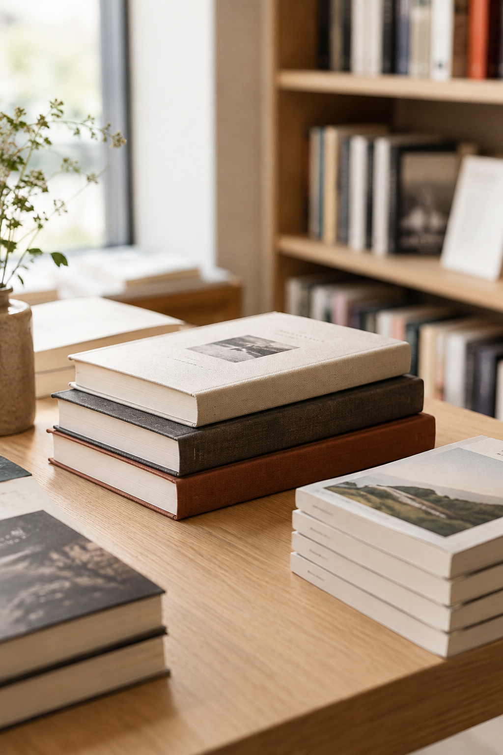 Close view of stacked hardback and paperback books on a wooden table in a softly lit independent bookshop