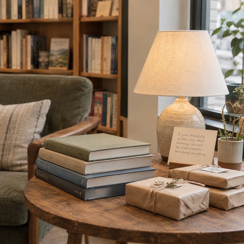 Close-up of a reading corner table with stacked hardbacks, paper-wrapped gift selection, and a ceramic lamp