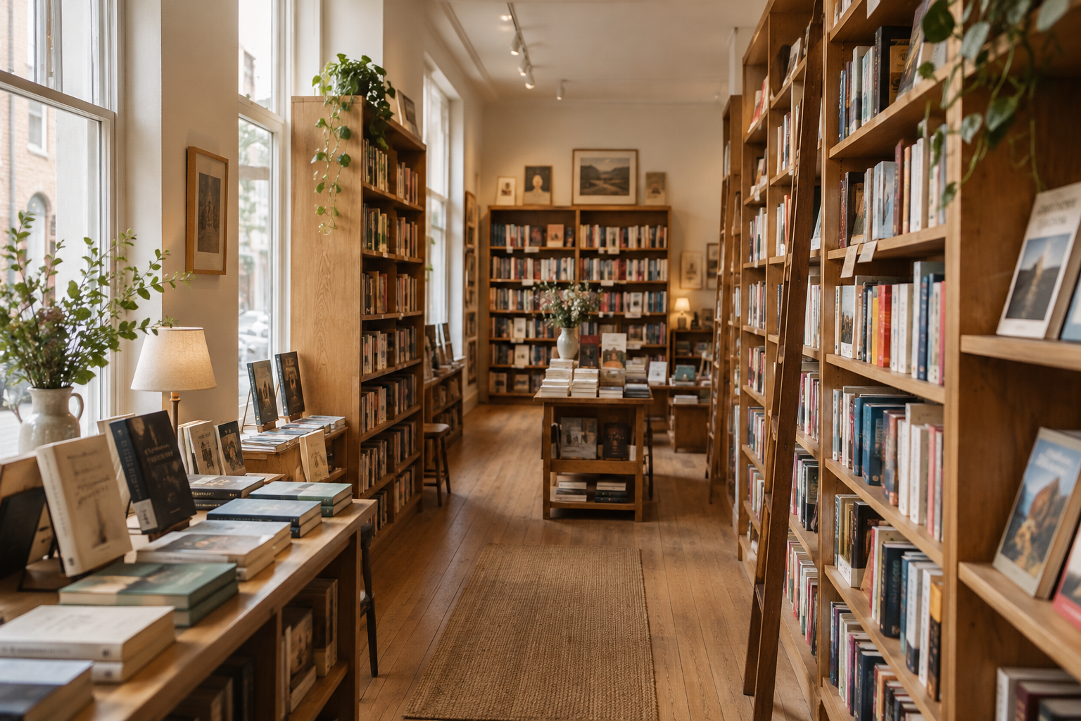 Warm natural-light view of tall wooden bookshop shelves with curated fiction and non-fiction spines