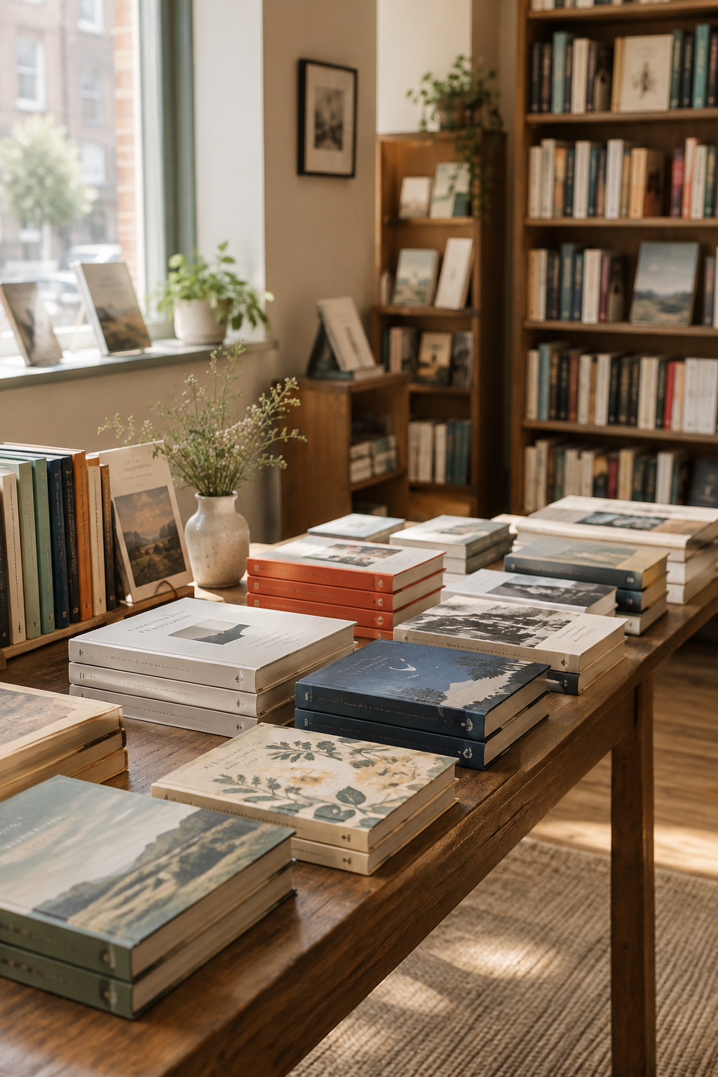 Sunlit tables of thoughtfully arranged books inside a calm independent bookshop