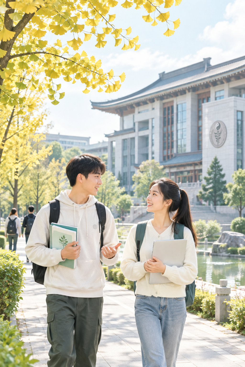 成都中医药大学校园宣传海报风插图，展示教学楼、银杏树与手持笔记本交流的学生，整体清新现代