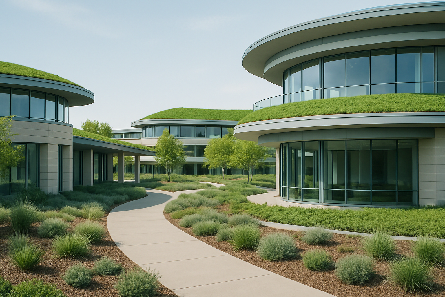 Modern sustainable campus with green roofs and circular design