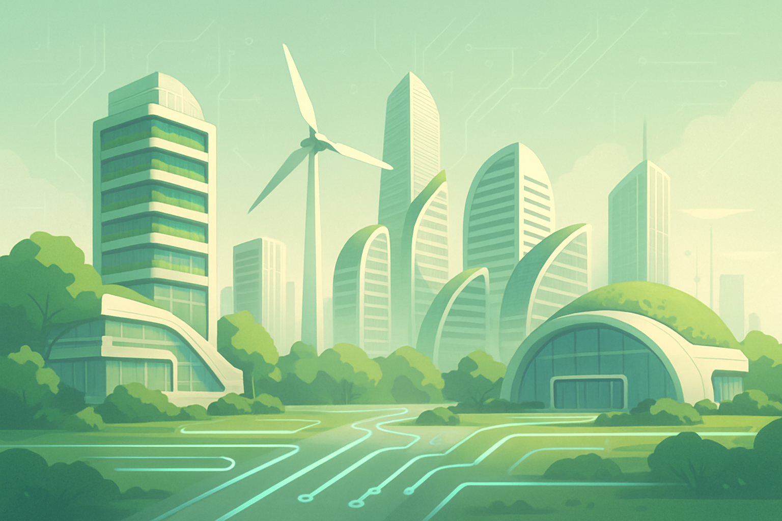 Futuristic eco-technology illustration with green energy lines and sustainable buildings