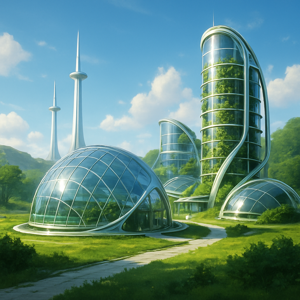 Futuristic eco-friendly space habitat on a lush green planet with blue skies