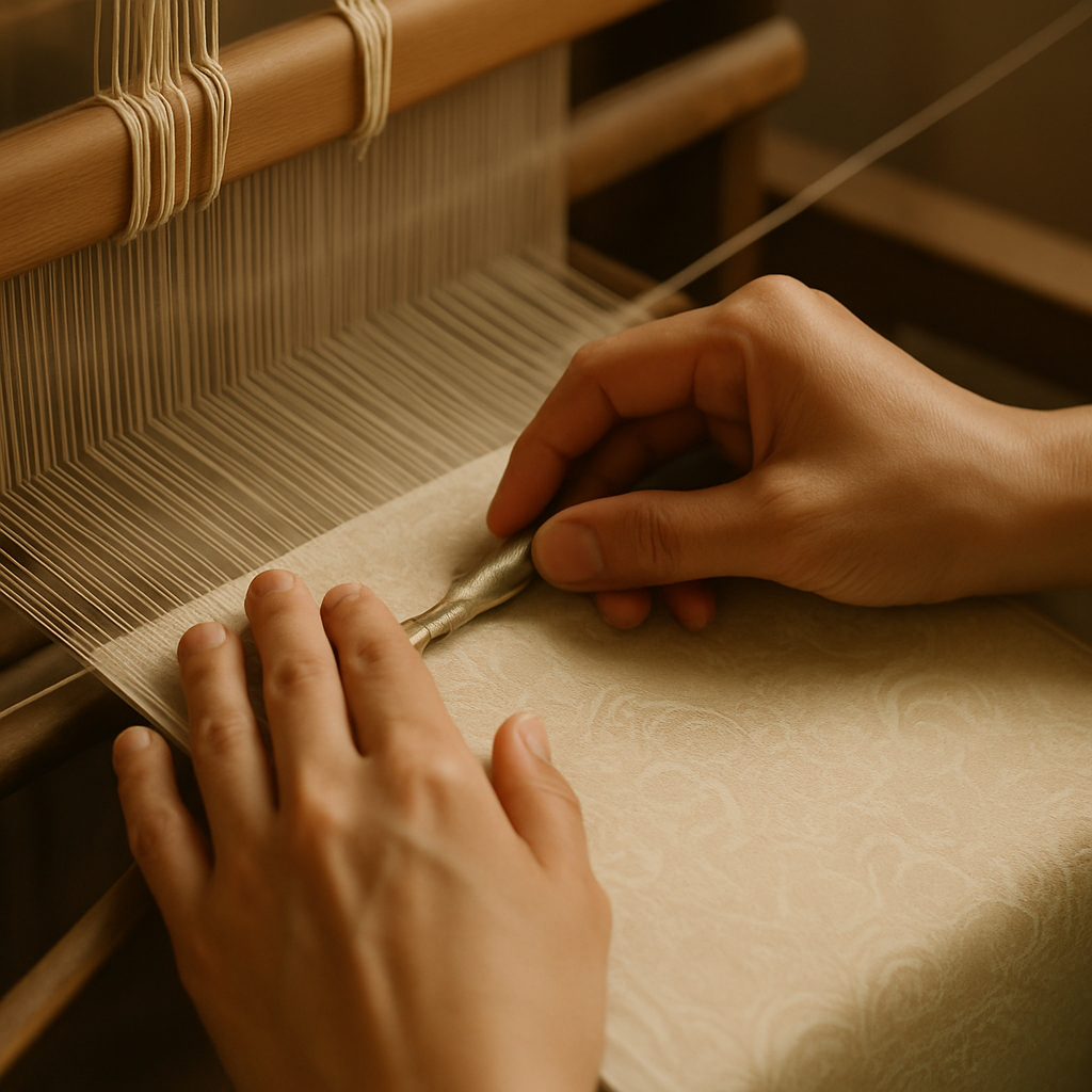 Artisan hands weaving Song Brocade with ivory and jade silk threads