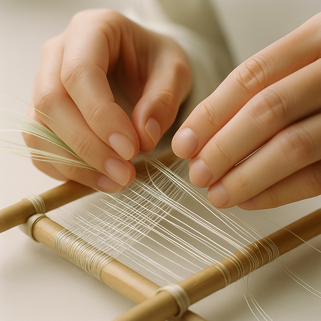 Close-up of artisan hands guiding fine silk threads across a small weaving frame, precise crossings and tight rhythm in ivory, jade, and muted gold tones