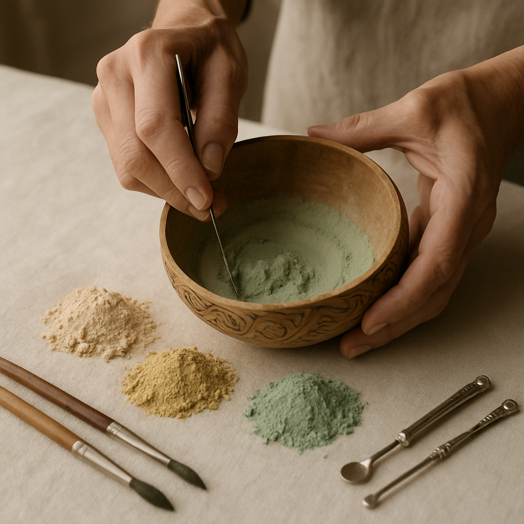 Hands preparing mineral dyes in a carved gourd with brushes and silver tools