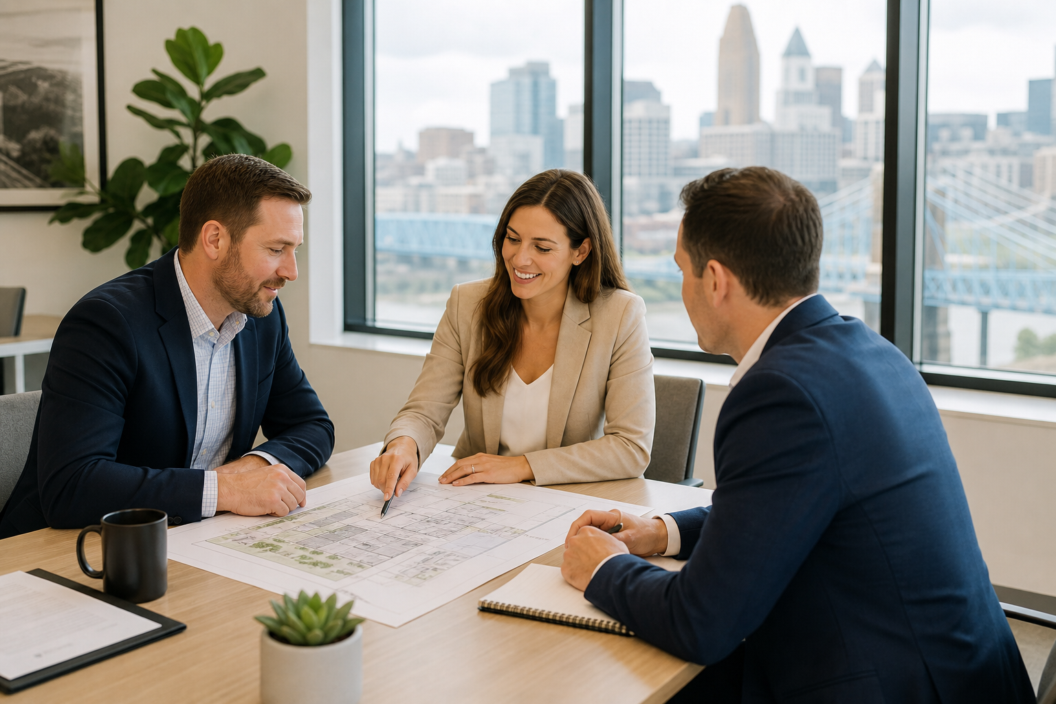 Professional Evermore Realty advisors reviewing property plans in a bright Cincinnati office