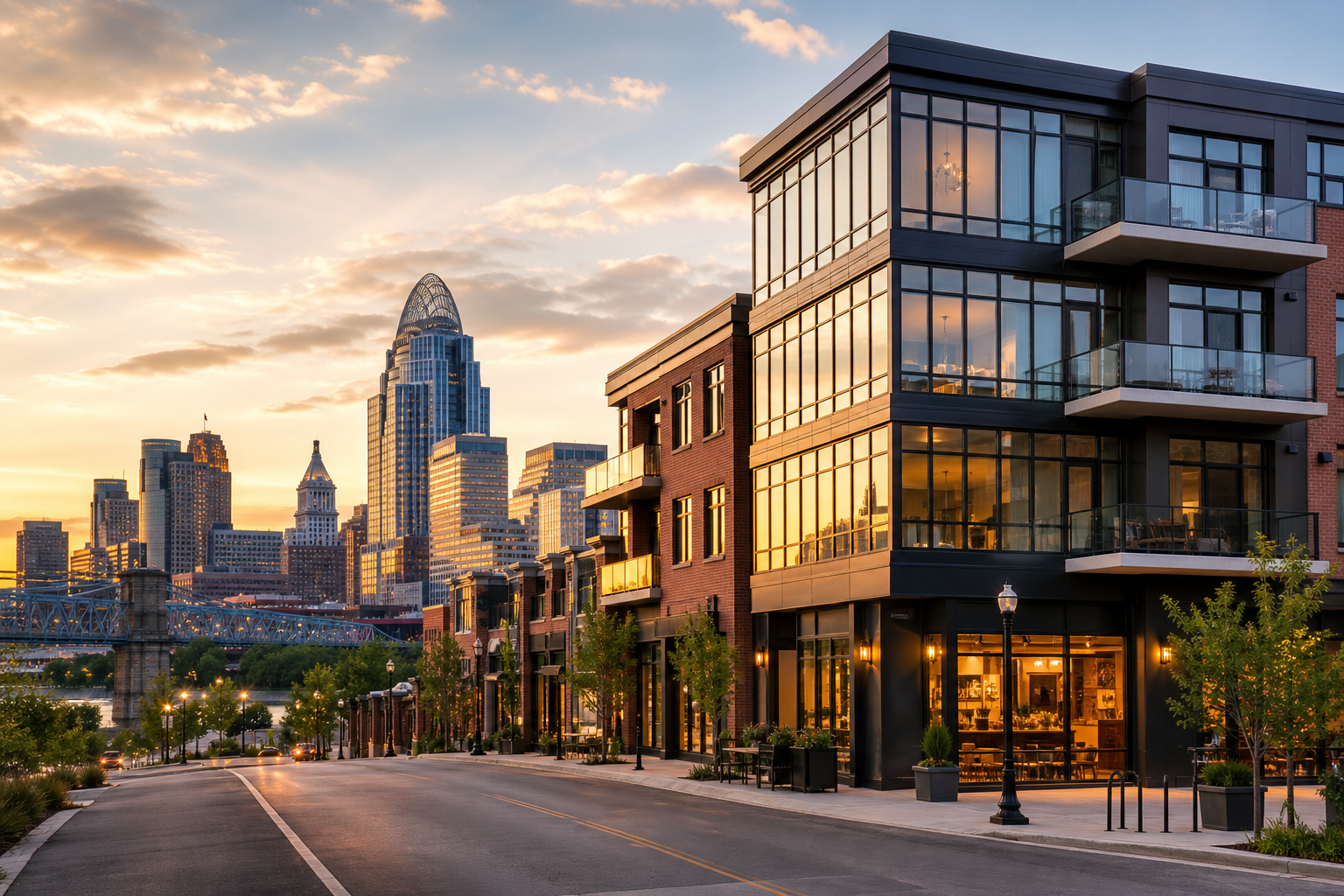 Golden-hour view of the Cincinnati skyline with a modern mixed-use property in the foreground
