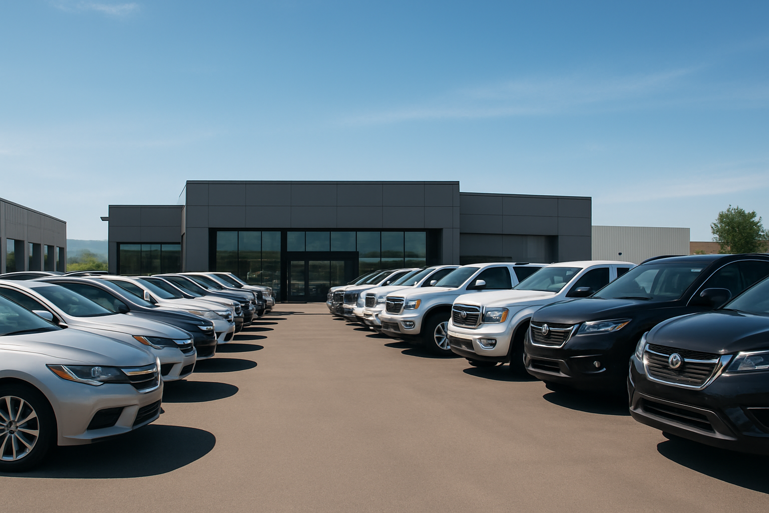 Modern dealership lot in Kelowna with rows of late-model cars, trucks, and SUVs under a clear blue sky