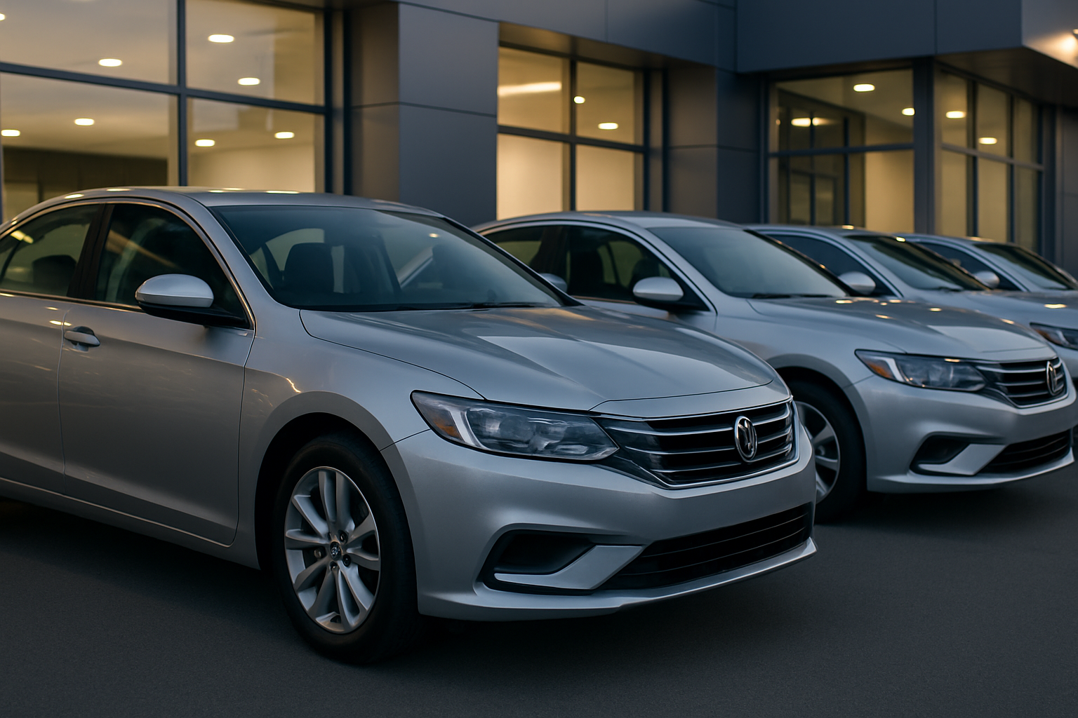 sleek silver mid-size sedans lined up in a modern dealership lot at dusk