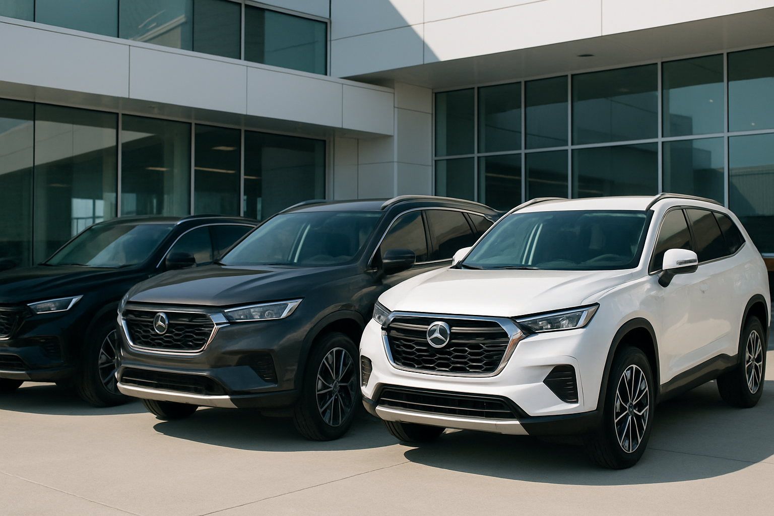 three modern SUVs in black, graphite, and white positioned in a clean outdoor showroom