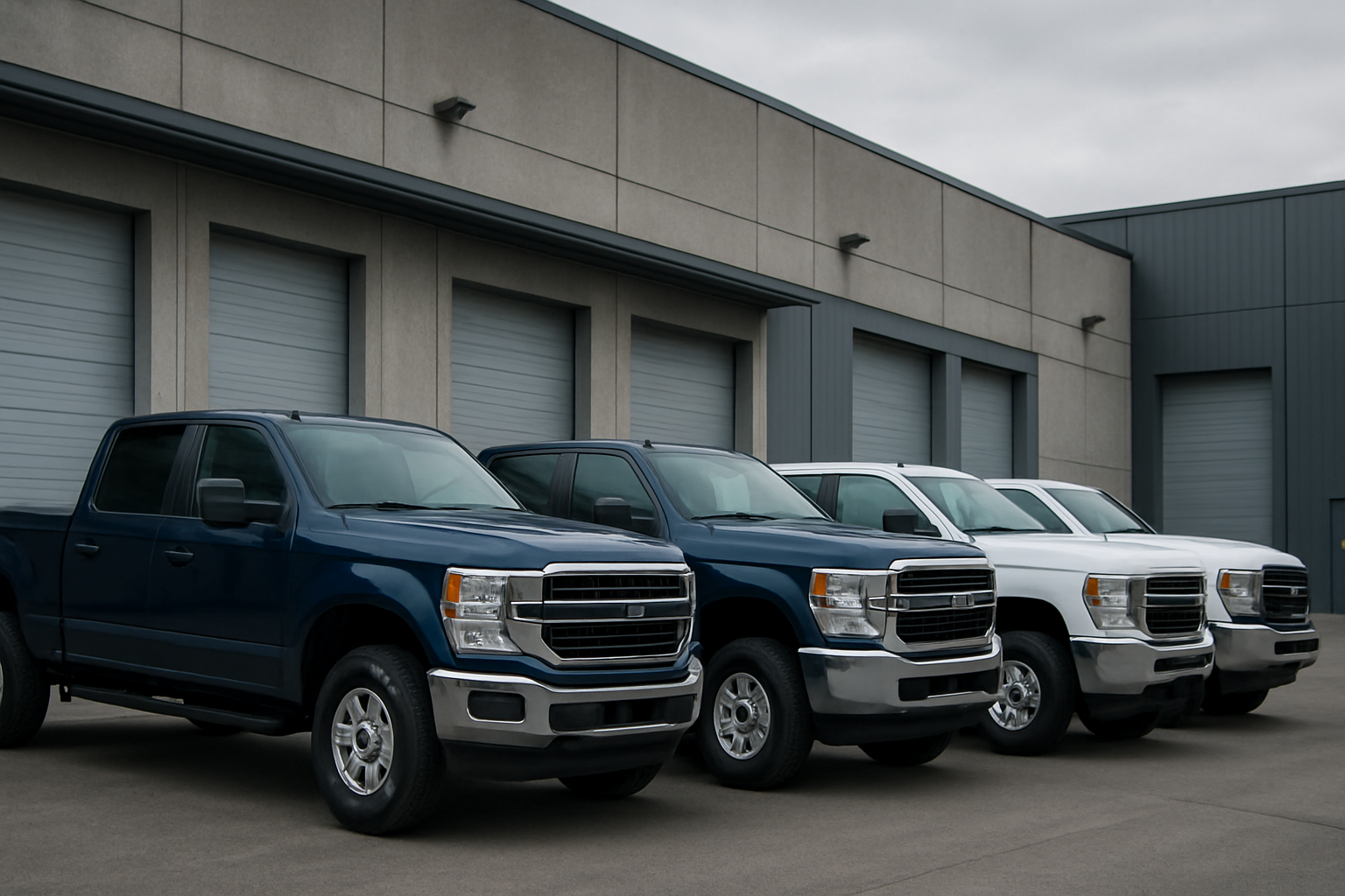 row of dark blue and white work trucks parked side by side with industrial backdrop