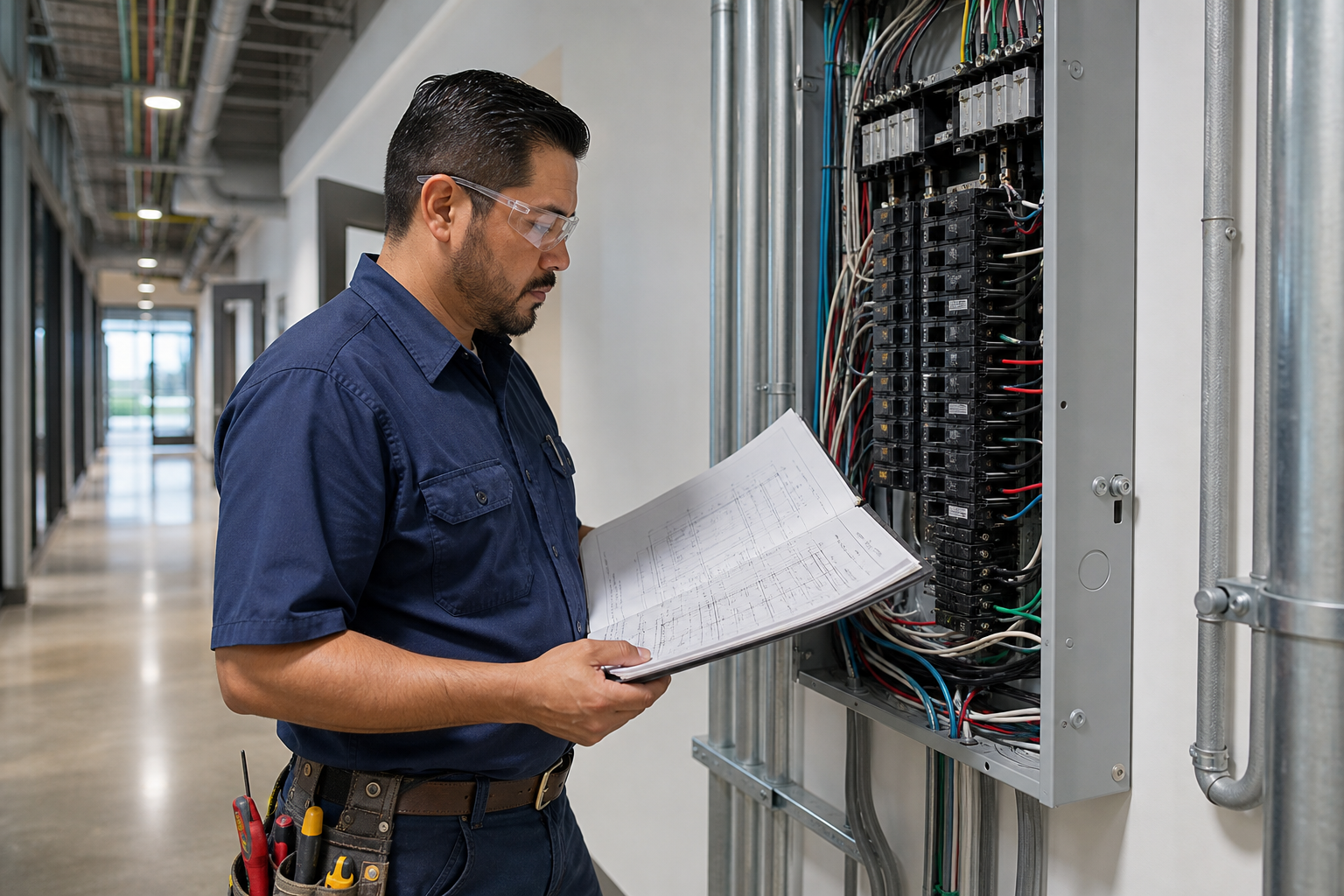 Licensed electrician reviewing electrical plans beside an open panel in a commercial interior