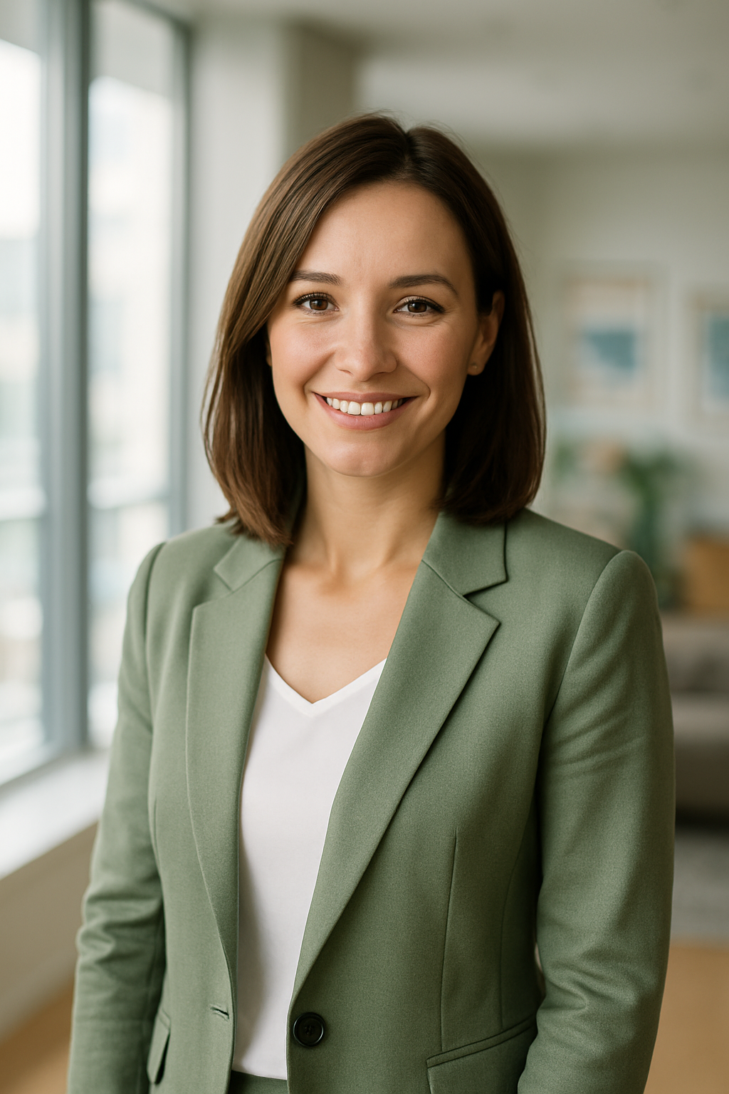 Olha Melnyk, professional real estate agent in Kyiv, smiling confidently in modern business attire