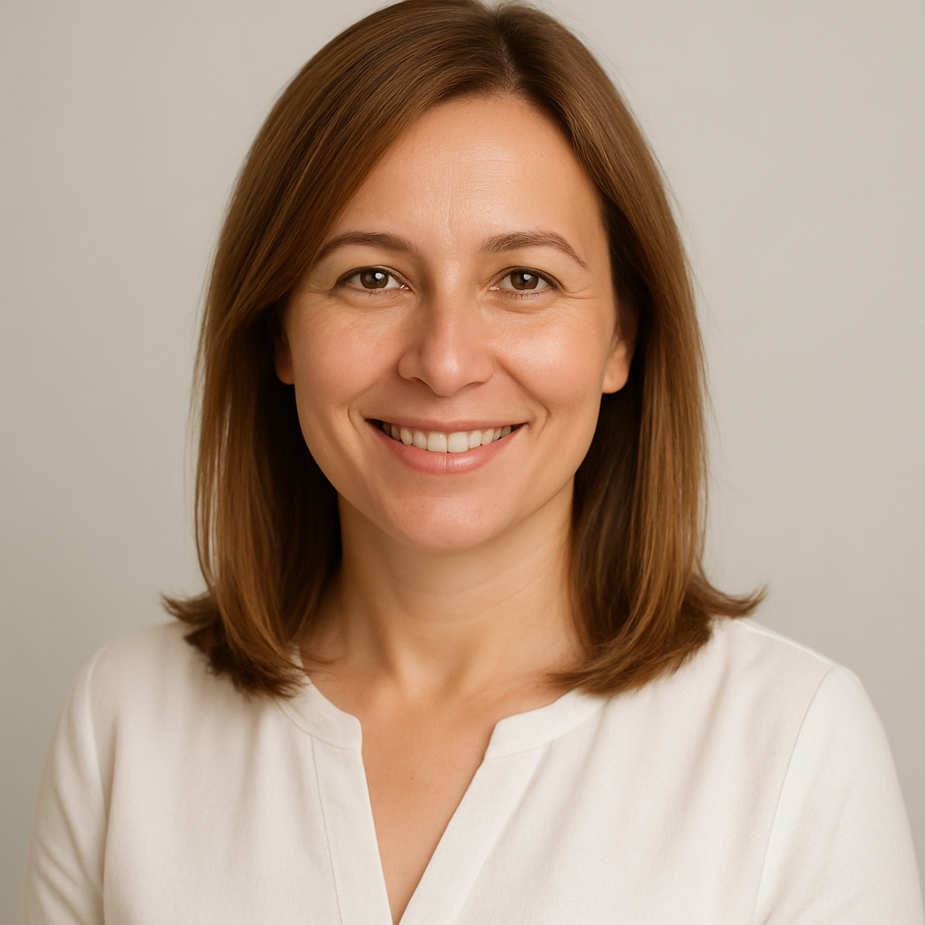 Portrait of Iryna Bondar, a woman in her 40s with light brown shoulder-length hair