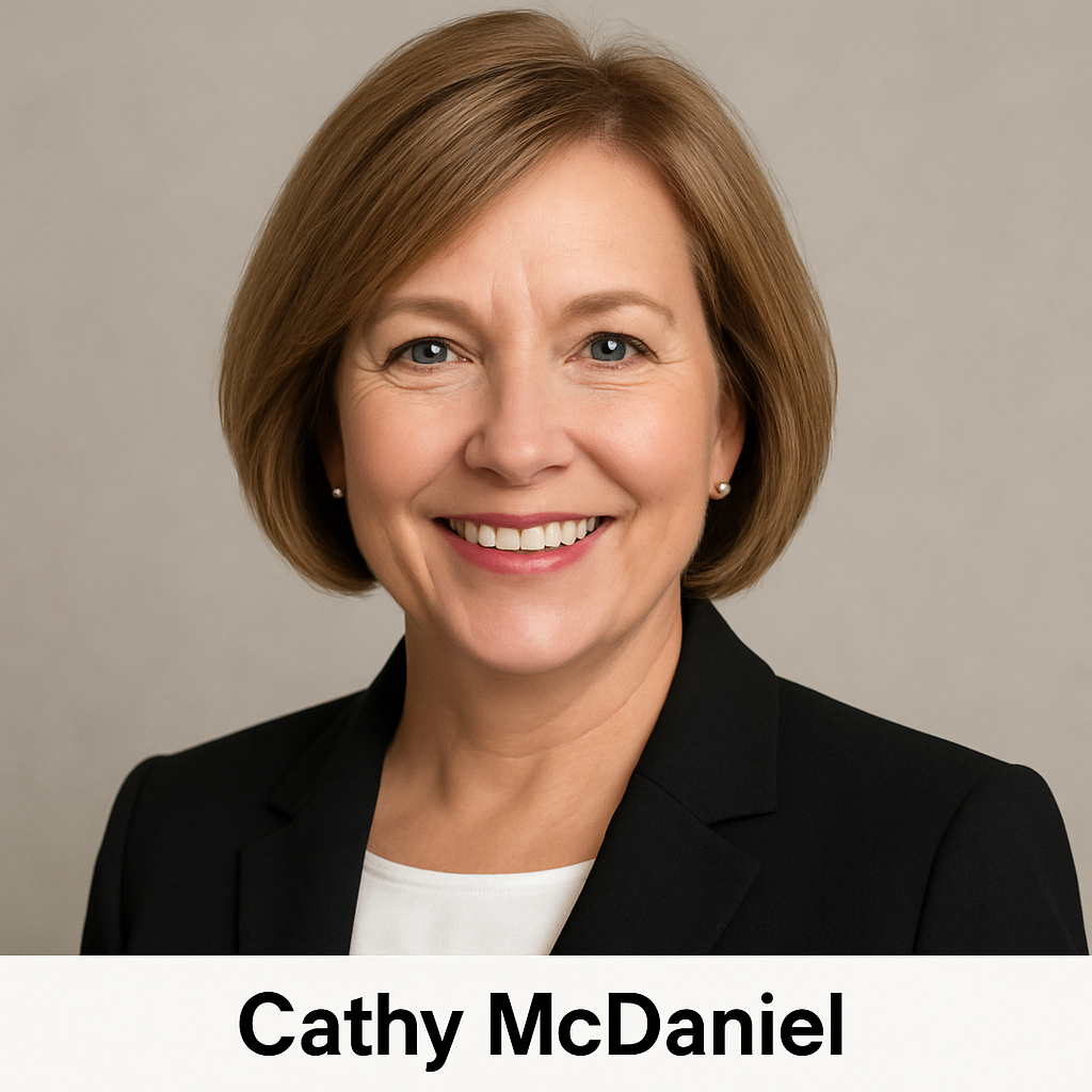 Professional headshot of Cathy McDaniel, smiling, wearing modern business attire, neutral background, confident and approachable