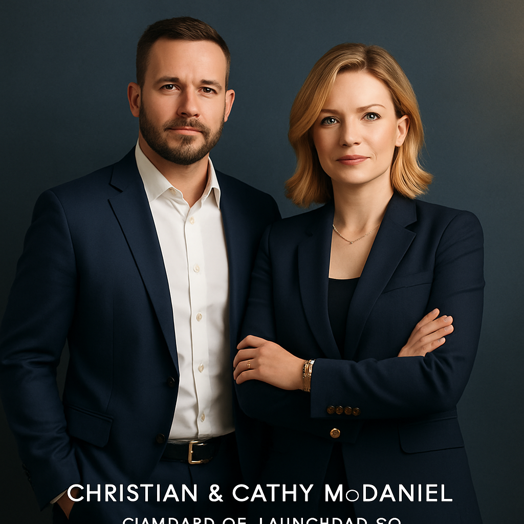 Christian and Cathy McDaniel, founders of Launchpad Co., standing confidently together, professional portrait in modern business attire, subtle navy and gold tones