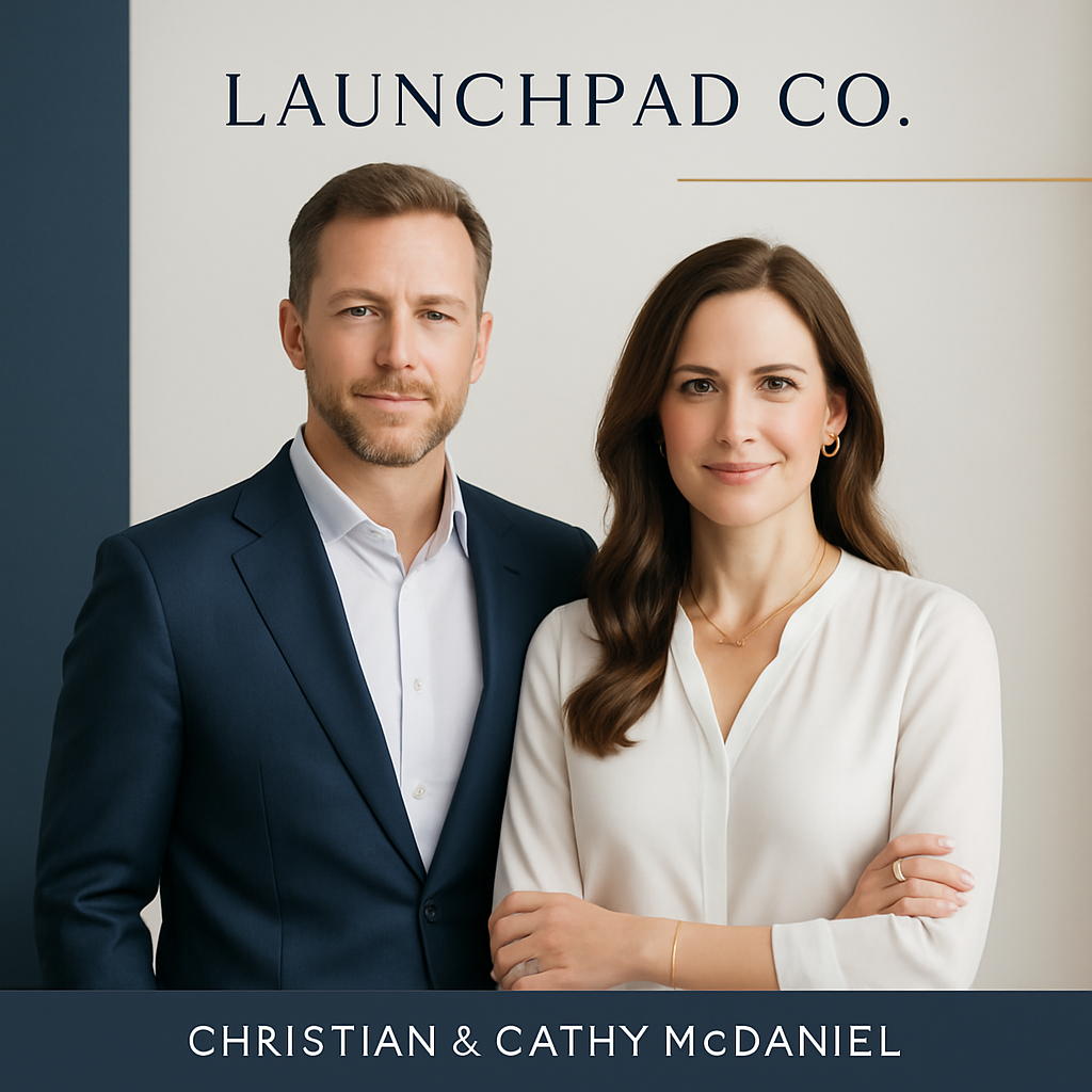 Christian and Cathy McDaniel, founders of Launchpad Co., standing together in a professional studio setting with a calm, confident demeanor. Both are dressed in modern, professional attire. The backdrop is clean, with navy and subtle gold accents for a sense of trust and legacy.
