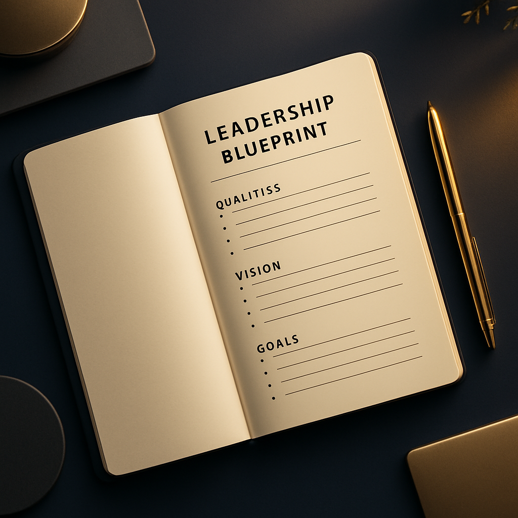 Elegant flatlay of a leadership blueprint notebook, gold pen, and modern desktop elements, deep navy background, subtle gold accent lighting