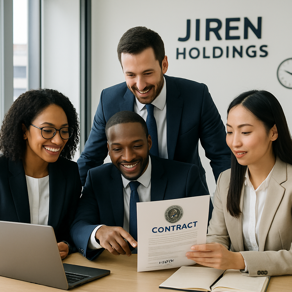 Jiren Holdings team collaborating on a government contract project in a clean, modern office environment, showing professional attire and teamwork.