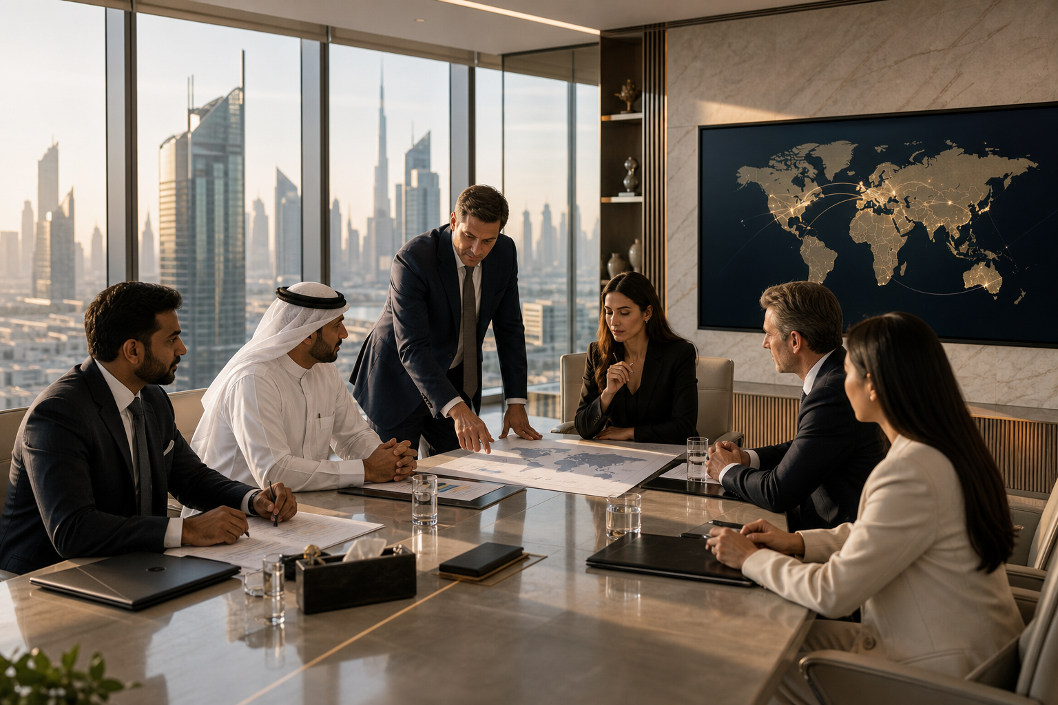 Senior international business leaders in a refined glass boardroom during a strategic market-entry briefing
