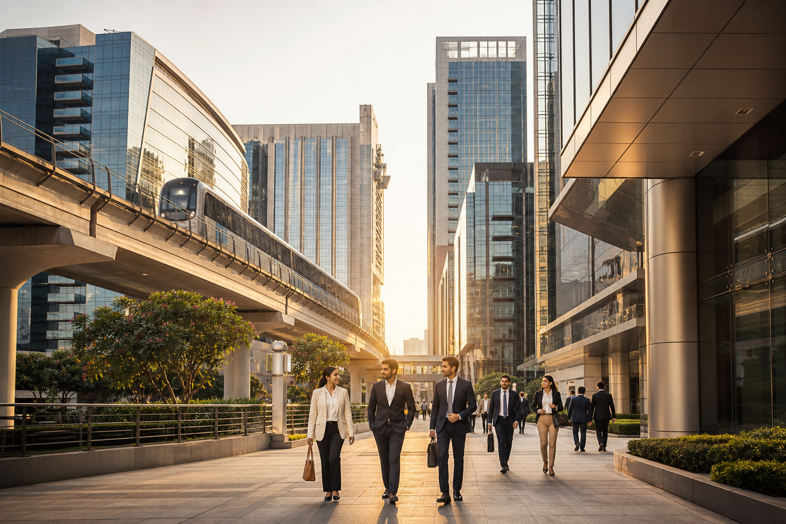 Modern business district in India with glass office towers, elevated metro line, and professionals walking at golden hour