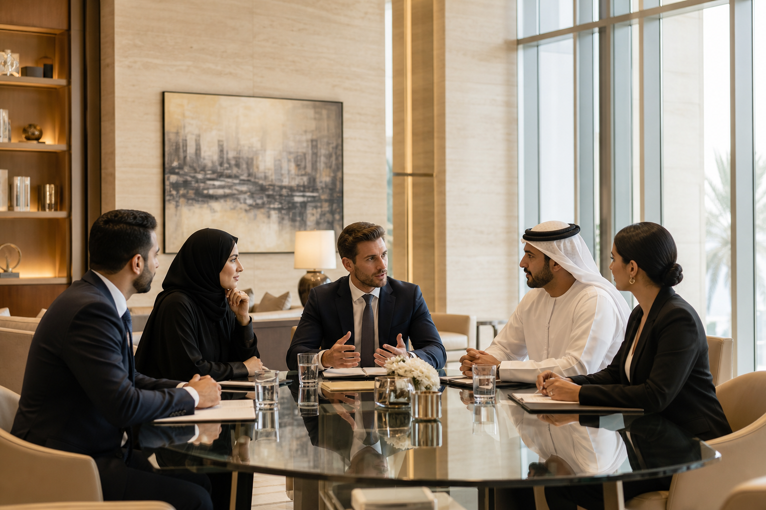 Contemporary international business lounge with executives in discussion around a glass table, soft daylight and warm neutral materials