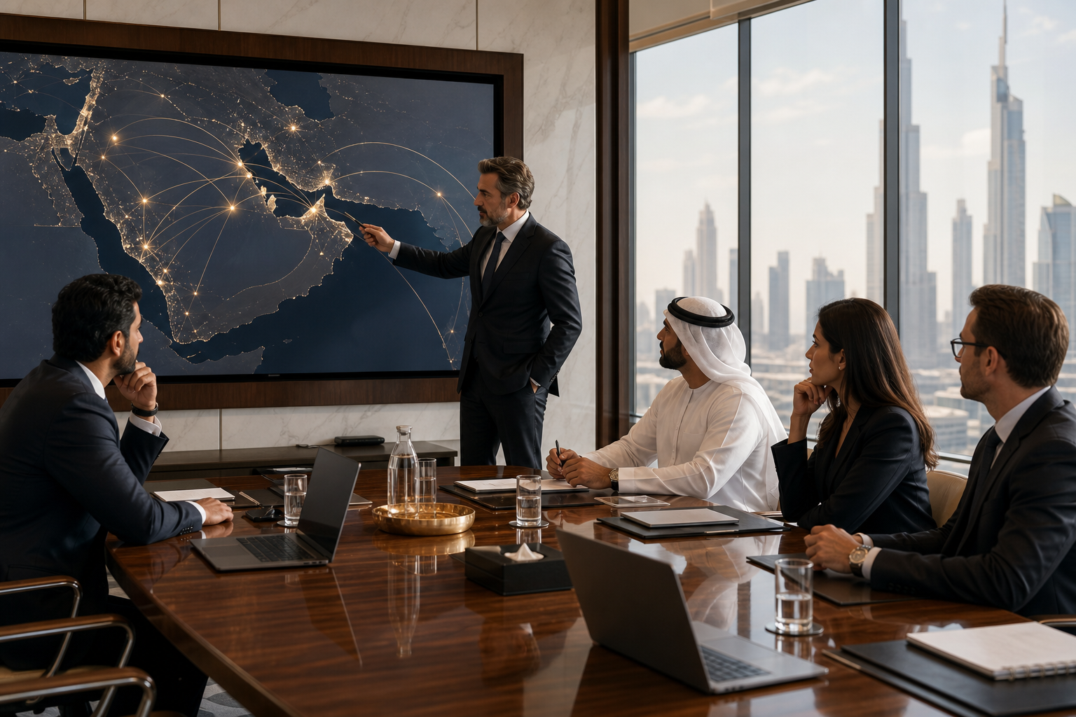 Senior executives in a modern glass-boardroom reviewing a large digital map of GCC trade routes with warm daylight entering from floor-to-ceiling windows