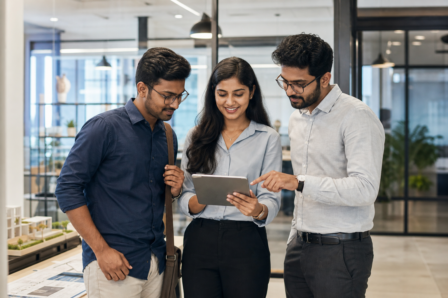 Young Indian engineering professionals in business-casual attire collaborating around a tablet in a bright co-working studio