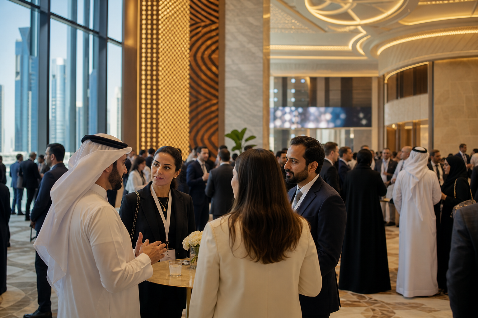 Large international conference hall in Doha with multilingual delegates networking under warm architectural lighting