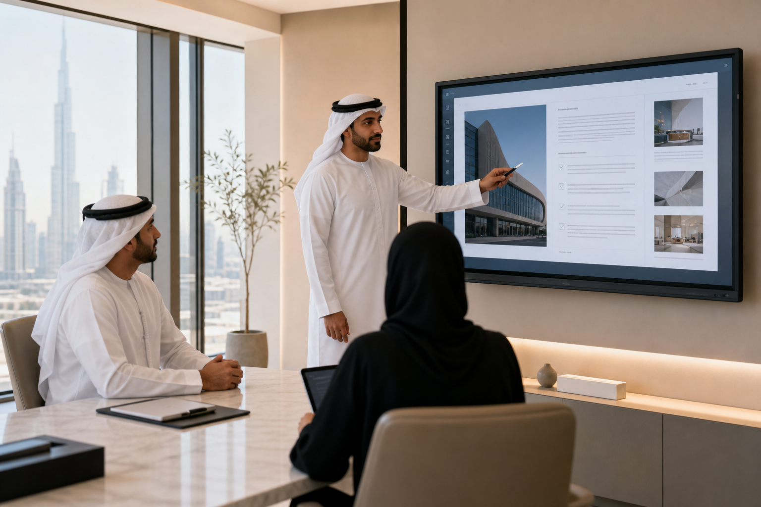 Middle Eastern legal advisor presenting governance documents on a large interactive display in a minimalist office