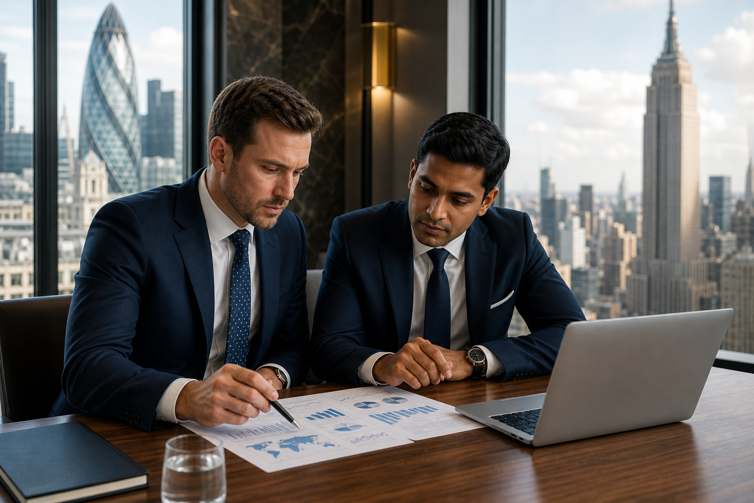 Two business analysts in navy suits reviewing printed investment charts beside a silver laptop on a walnut conference table