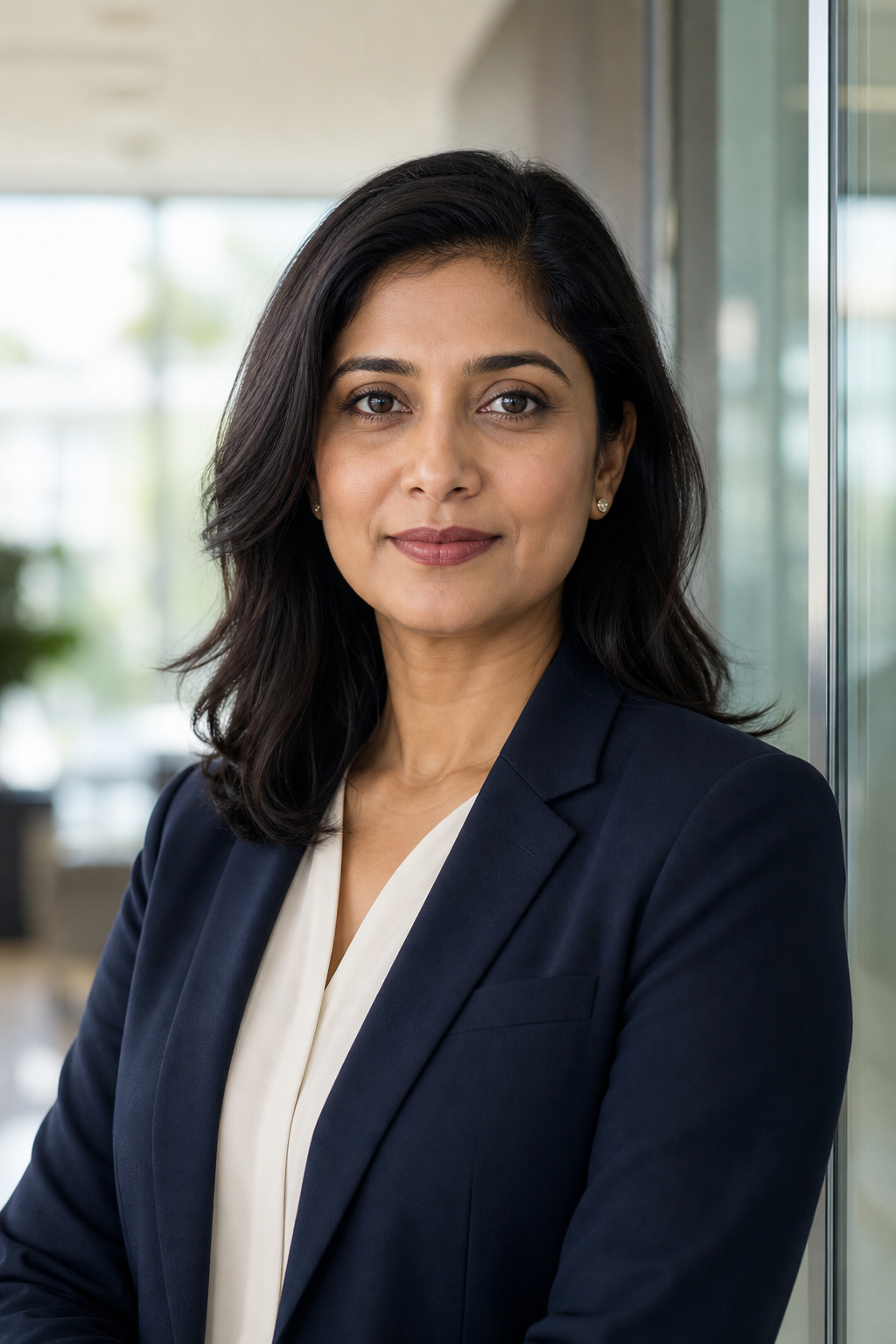 Professional portrait of Amina Rahman, a South Asian woman in a navy blazer in a modern office setting