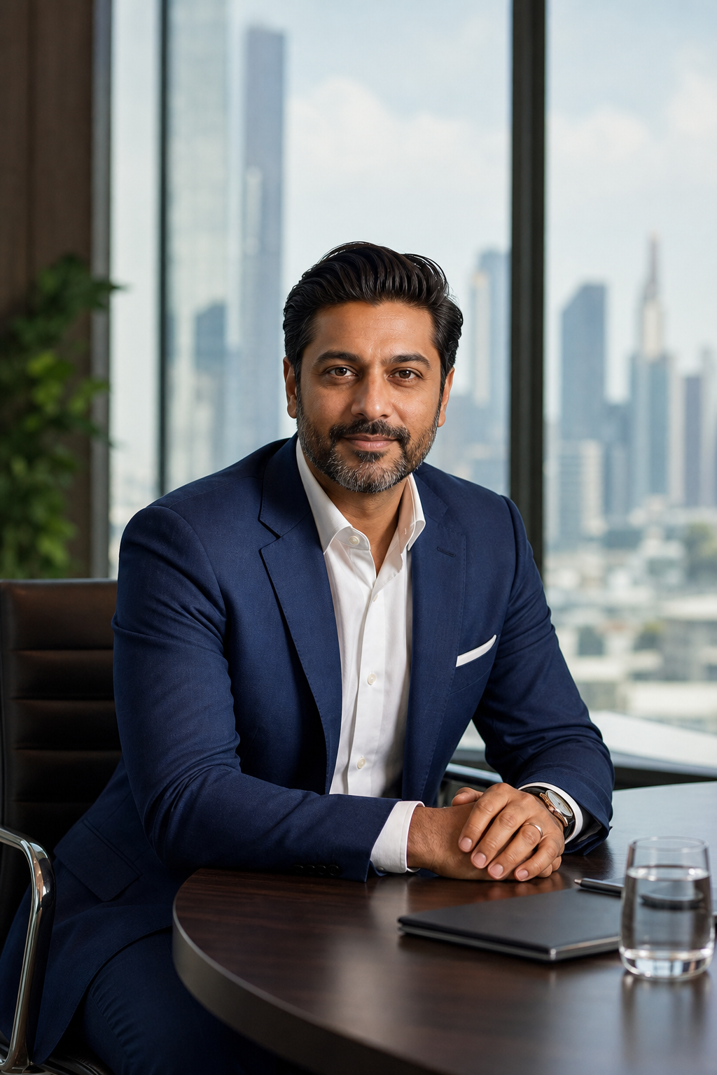Professional portrait of Arjun Malhotra, an Indian man in a deep blue suit seated at a conference table with city skyline behind